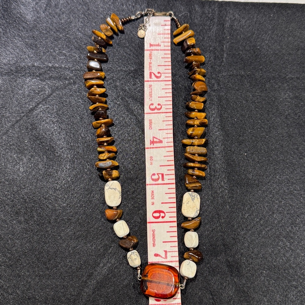 LIZ Claiborne Vintage Stone Necklace, 16”L, Brown/Off White/Amber - Picture 6 of 6
